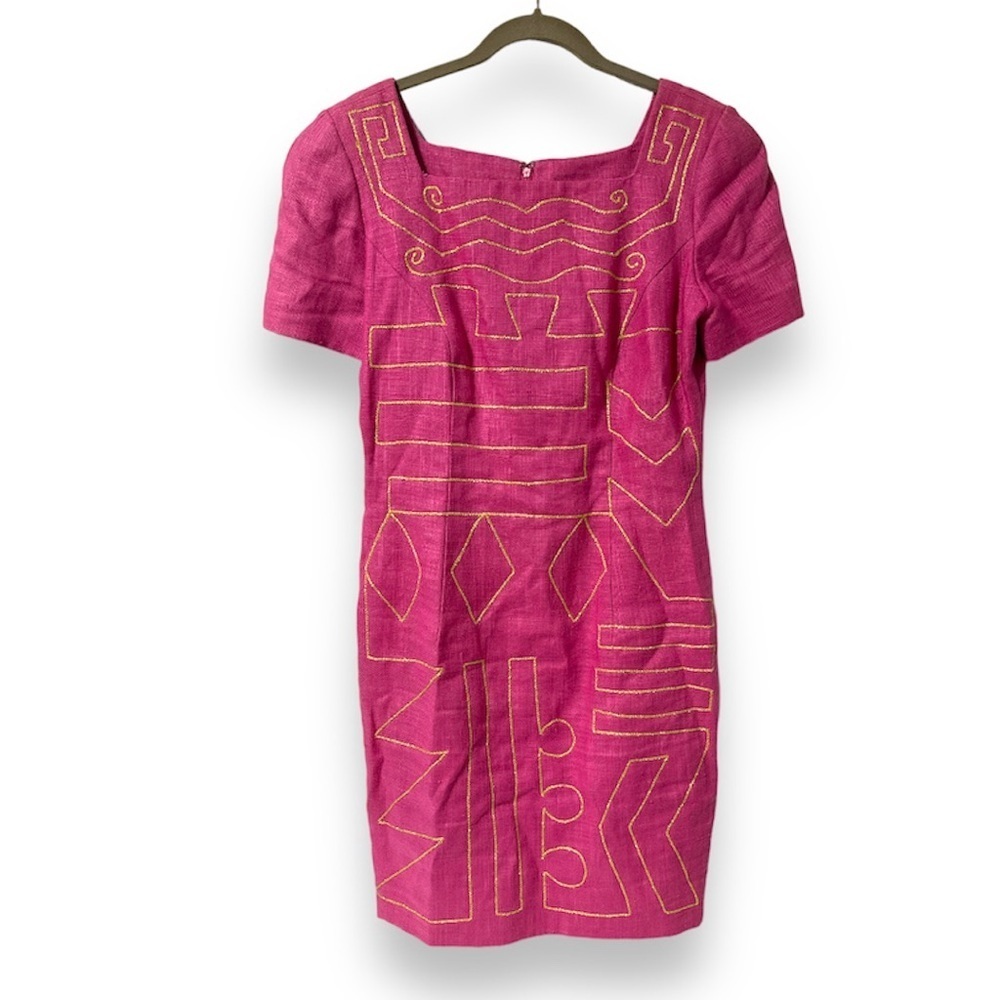 Vintage 80s Santa Fe Bright Pink Midi Dress Gold Embroidery Linen Women’s Size 8